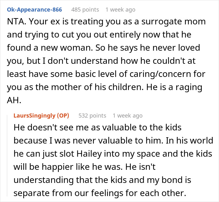 Reddit discussion on kids preferring bio mom over stepmom and dad struggling with ex's role for infertile wife. Reddit discussion on kids preferring bio mom over stepmom and dad struggling with ex's role for infertile wife.
