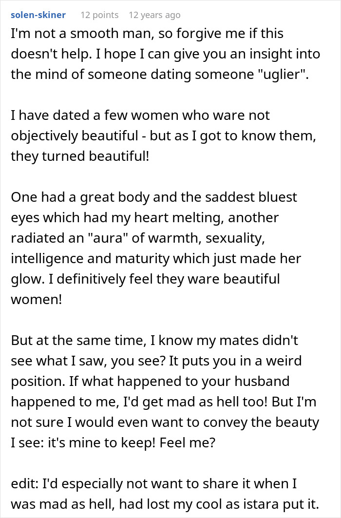 Text comment discussing dating experiences with women perceived as less attractive, exploring the topic of being an ugly woman.