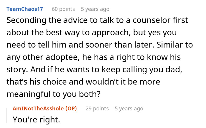 Screenshot of a Reddit conversation about whether a guy should tell his son the harsh truth about his real parents.