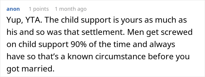 Comment discussing child support and car accident settlement fairness from a Reddit user named anon.