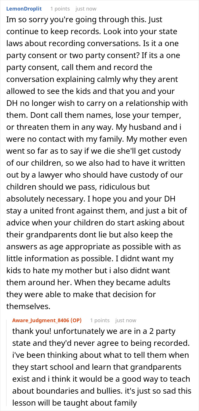 Screenshot of an online discussion about couples banning toxic in-laws from visiting their newborn and handling CPS threats.