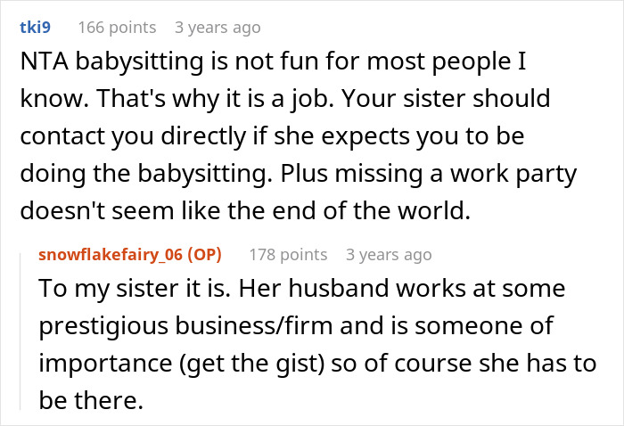 Screenshot of online discussion about paralyzed woman refusing to babysit and family social life conflicts.