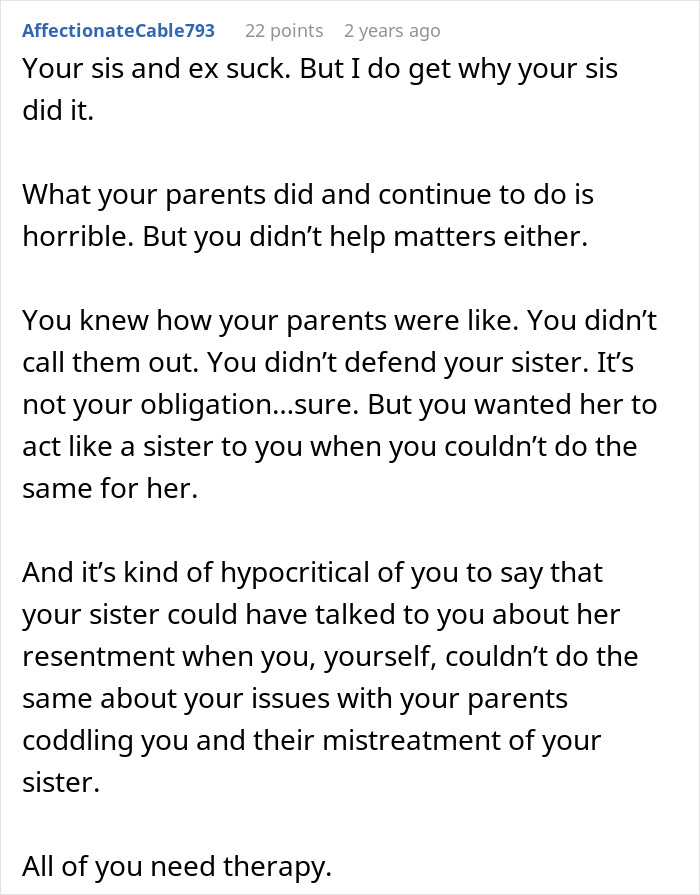 Comment discussing a woman’s life turned upside down by a petty sister choosing conflict over therapy and family healing. Comment discussing a woman’s life turned upside down by a petty sister choosing conflict over therapy and family healing.