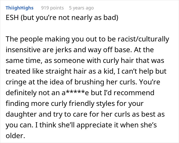 Comment discussing mom criticized by woke folks for brushing out biracial daughter's curls and whitewashing concerns.