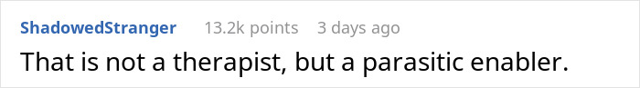 Comment on a forum discussing a controversial relationship issue involving a wife marrying her therapist, highlighting emotional conflict.