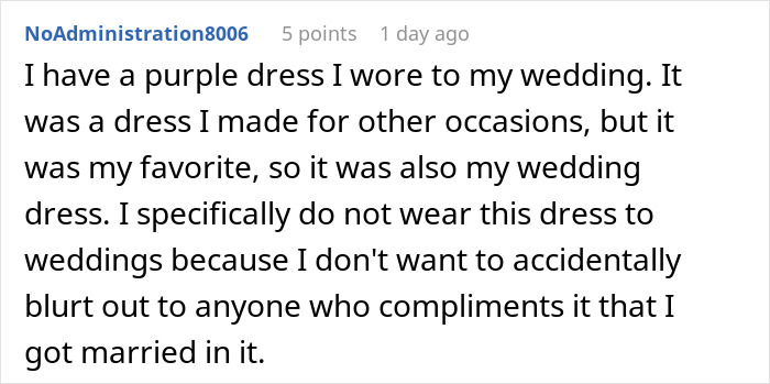 Guest wearing own wedding dress in a purple dress made for other occasions, avoiding wearing it to other weddings.