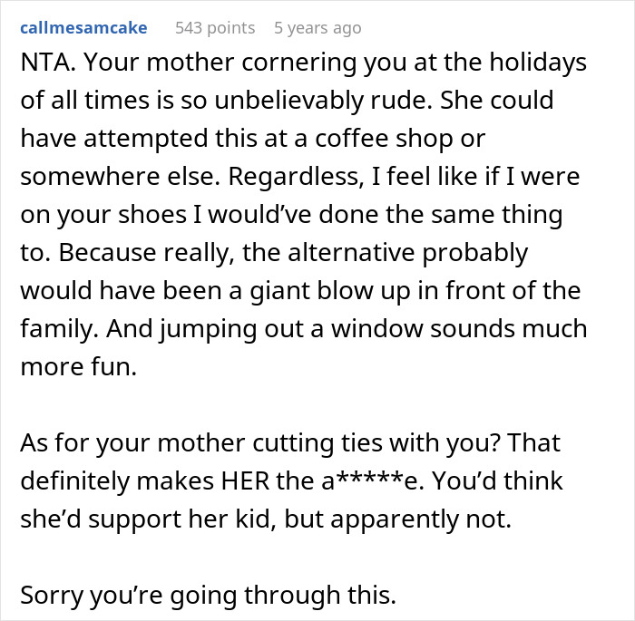 Comment discussing a guy running out the window after his mom's attempt to reconcile him and his ex-fianc&eacute; during family tensions.