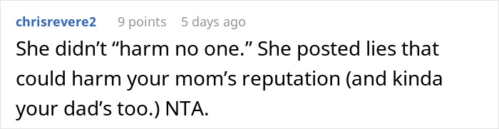 Comment highlighting a teen calling out stepmom&rsquo;s hypocrisy and lies harming family reputation online.
