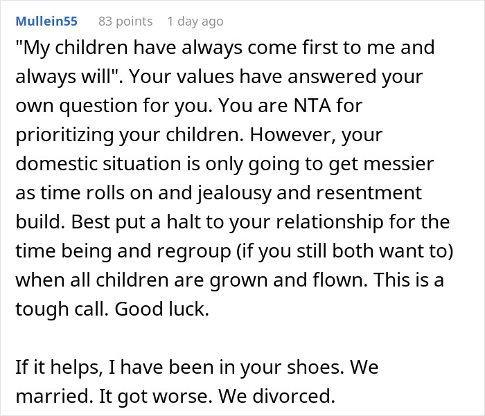 Comment discussing a guy refusing to be a step-father and prioritizing his own children over fianc&eacute;e&rsquo;s kids.