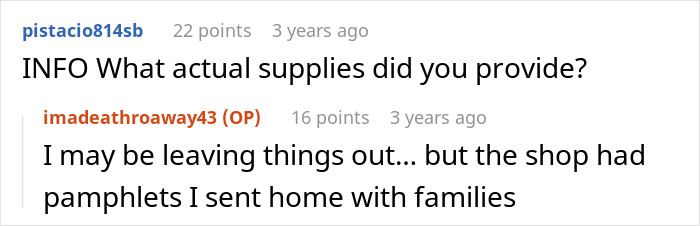 Screenshot of a Reddit conversation about a teacher giving kids hermit crabs as pets and parent backlash after one dies.