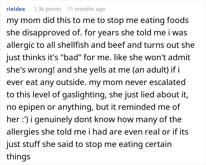 Reddit user shares experience of parents lied about food allergies causing no contact with daughter over shellfish and beef.