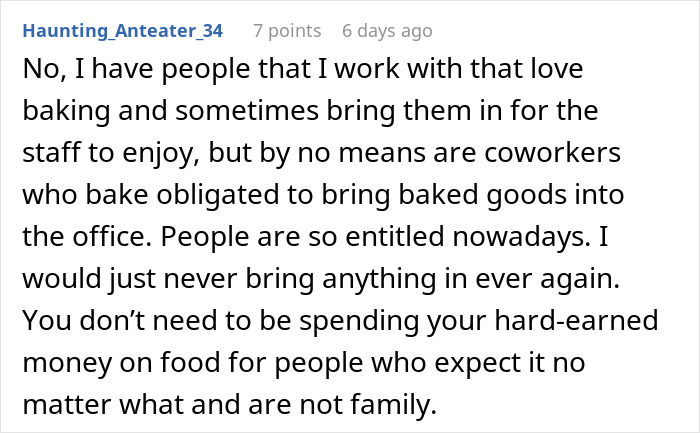 Comment discussing workplace baking and entitlement, relating to woman accused of making things awkward over a nickname.