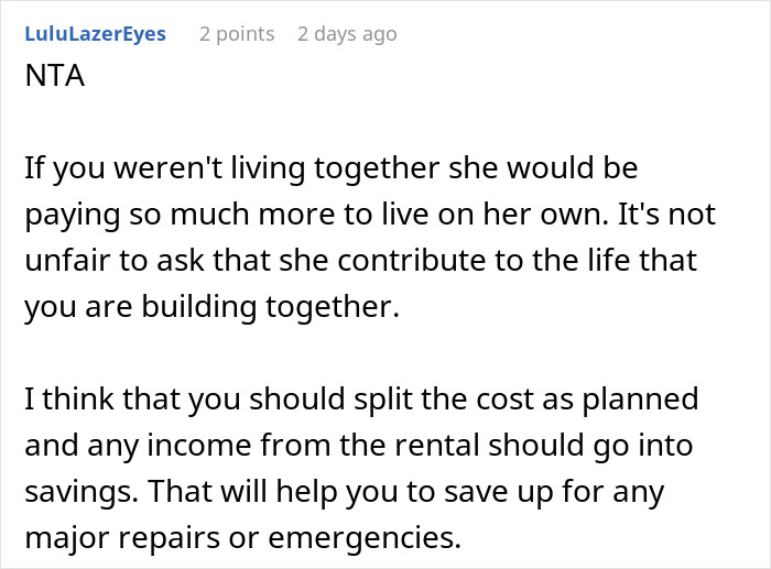Screenshot of a Reddit comment explaining why the woman refuses to contribute to bills after $600K house purchase.
