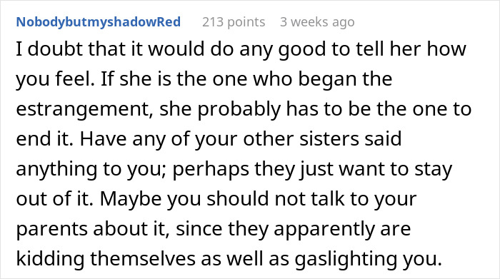 Comment discussing sibling estrangement and parents pretending nothing is wrong amid social media blocking.