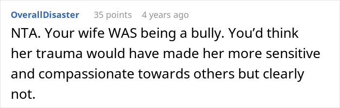 Screenshot of an online comment discussing a wife being called a bully and referencing trauma from past bullying.