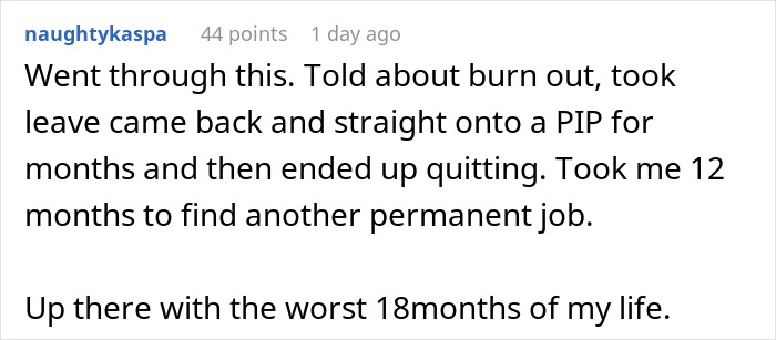 Screenshot of a Reddit comment describing burnout and hostile work environment caused by toxic bosses.