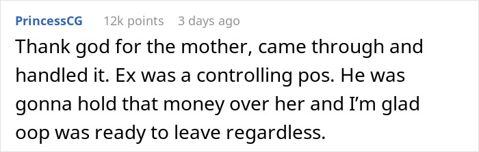 Screenshot of a Reddit comment discussing a boyfriend lying and extorting $13k from his girlfriend under the guise of rent.