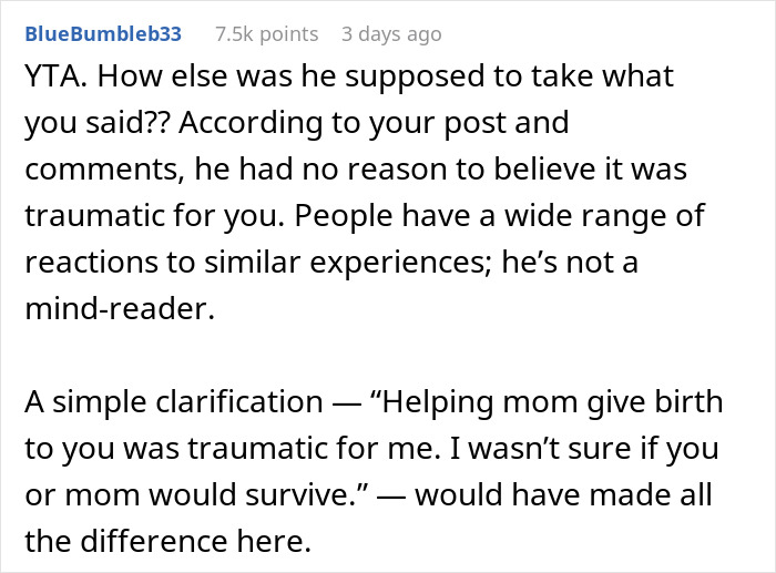 Text post discussing a woman making her brother feel hated after he thanks her for delivering him.