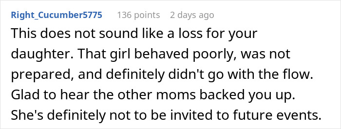 Comment criticizing a 12-year-old for ruining a birthday party and causing drama between moms with poor behavior.