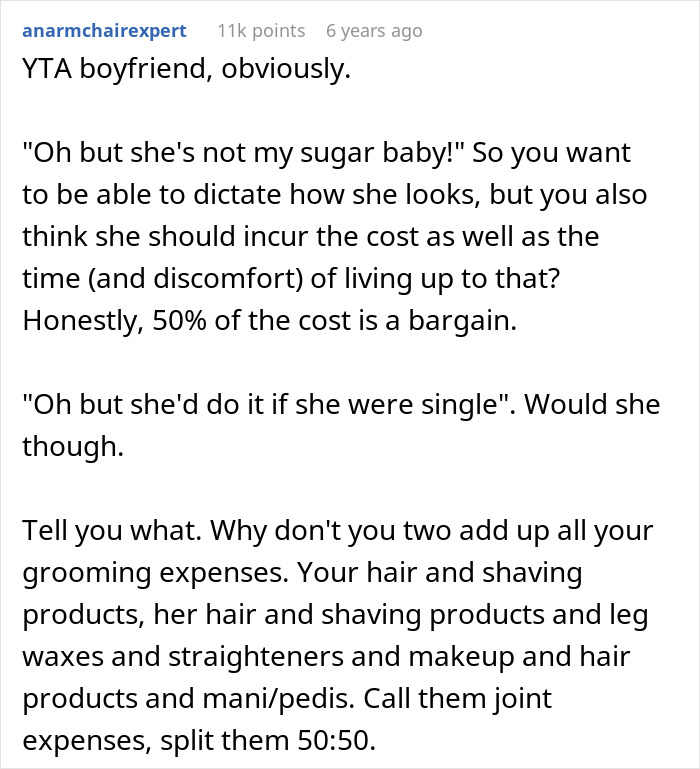 Text comment discussing a boyfriend's regret and thoughts on his girlfriend's shaving and makeup beauty routine.