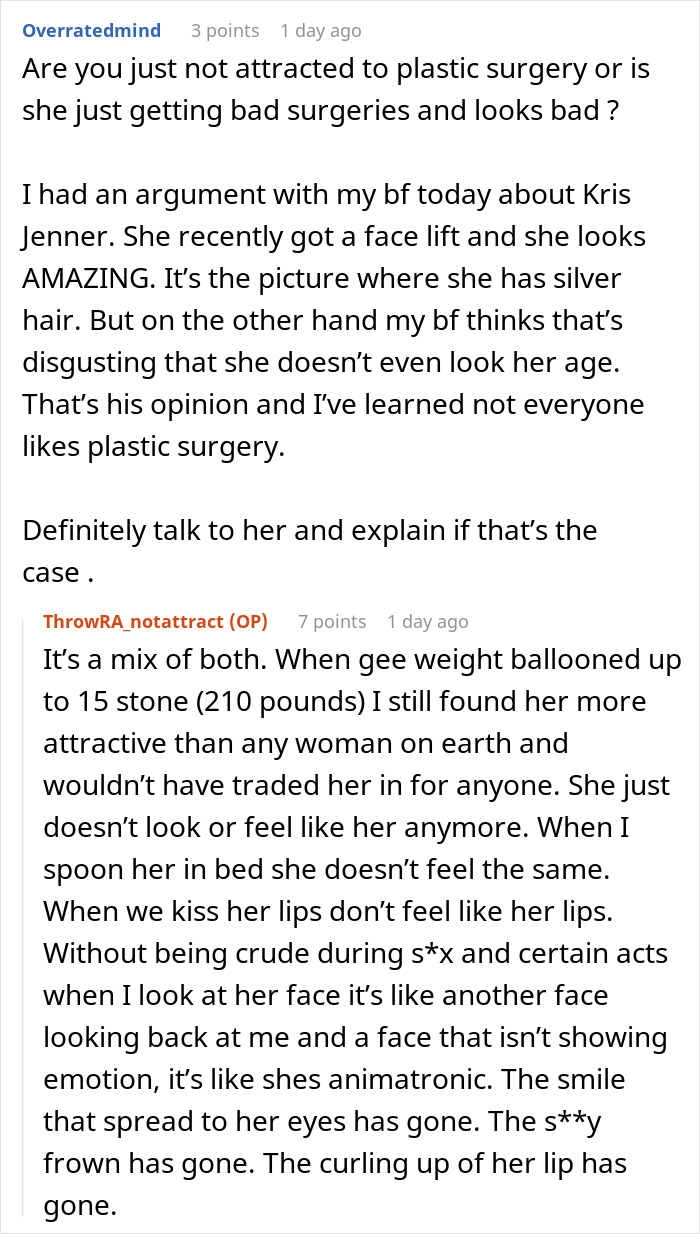 Reddit conversation discussing husband unattracted to plastic surgery changes in wife&rsquo;s appearance and emotional connection.