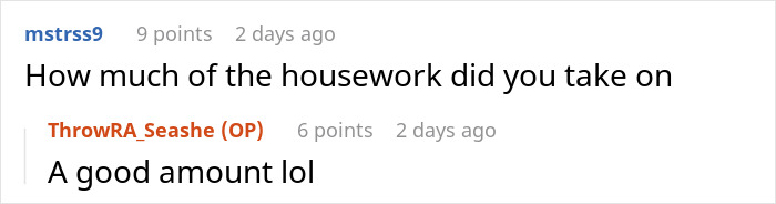 Screenshot of a Reddit conversation about housework showing text messages between two users.