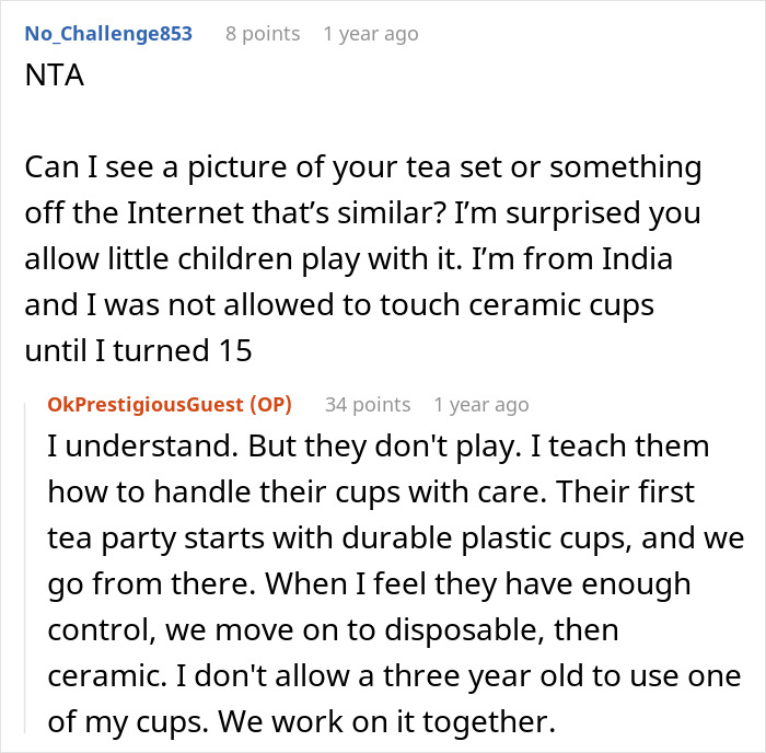 Reddit discussion about tea set care and concerns after man ruins marriage by stealing wife&rsquo;s tea set and giving it to niece.