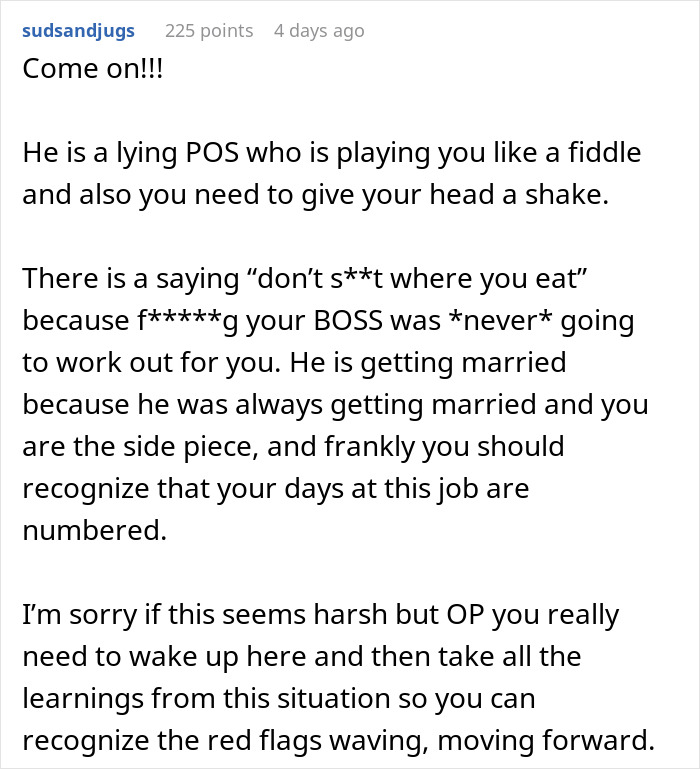Online comment discussing a woman learning the man she&rsquo;s been seeing for 10 months is getting married soon.