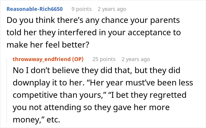 Reddit discussion about golden child reality check after sister&rsquo;s college acceptance and family dynamics.