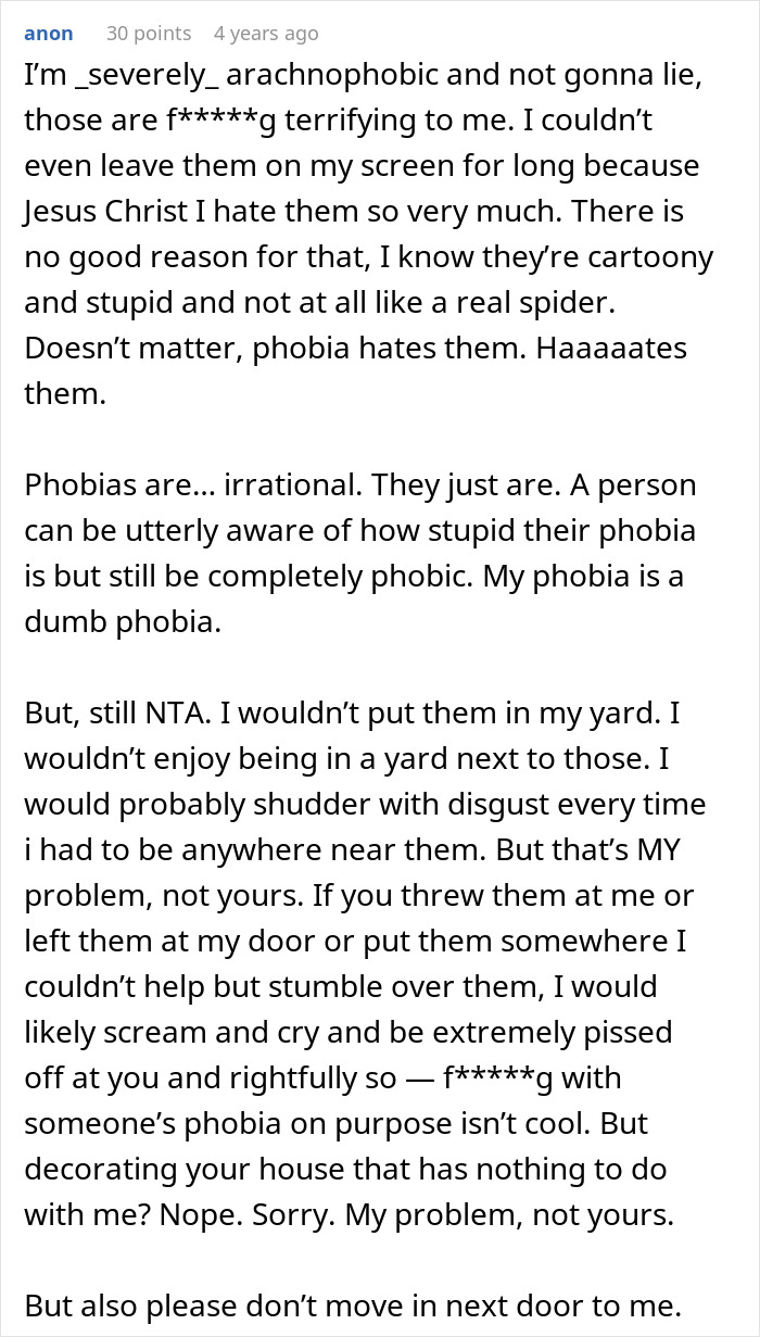 User comment discussing fear of spiders and opinion on Halloween decor despite phobia, linked to neighbor threatening couple over decorations.
