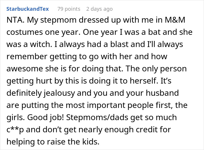 Comment discussing stepmom inclusion in group Halloween costume and family dynamics around appropriateness and jealousy.