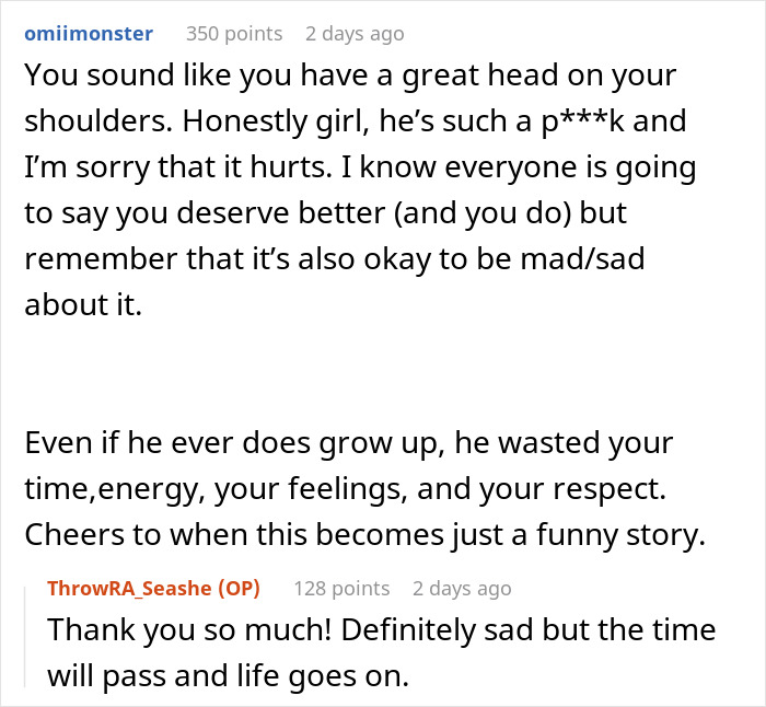 Reddit comments discussing a man proposing two months after his girlfriend dumped him and his true colors revealed.