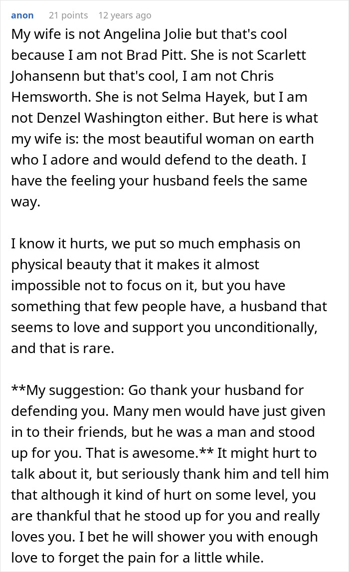Comment expressing a husband's unconditional love and support for his wife despite societal beauty pressures.