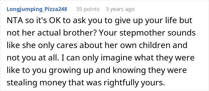 Comment discussing a stepmother pressuring a 19-year-old to become caregiver for disabled stepsister and expressing frustration.