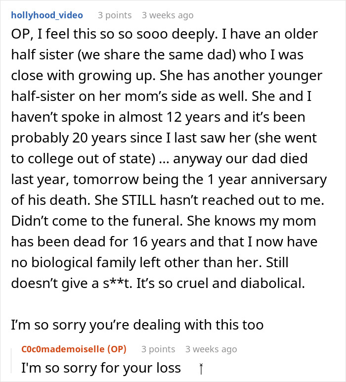 Reddit user describes sibling cut off for over a decade, sharing pain of blocked Instagram and family ignoring issues.