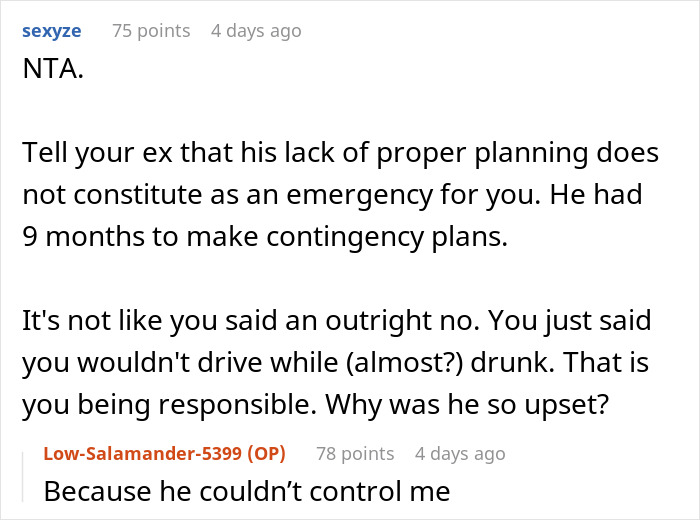 Reddit user discusses mom refusing to drive drunk to pick up 4YO amid ex arguing and girlfriend in labor.