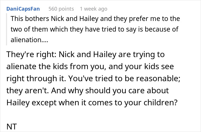 Comment discussing kids preferring their biological mom over stepmom amid family tensions and alienation attempts. Comment discussing kids preferring their biological mom over stepmom amid family tensions and alienation attempts.