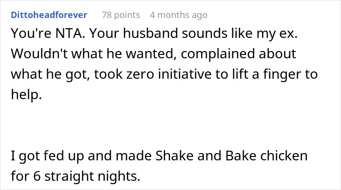 Comment from user sharing experience about husband yelling after wife cooked the same meal repeatedly due to ingredient restrictions.
