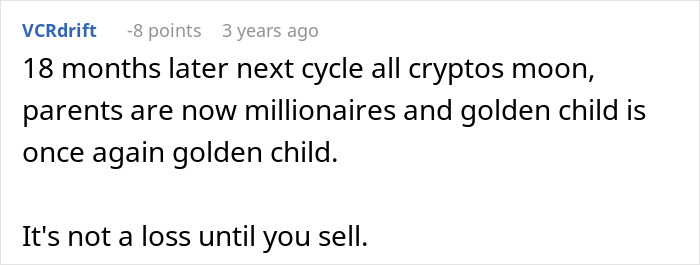 Reddit comment discussing golden child, lost parents money, and crypto market cycles and gains.
