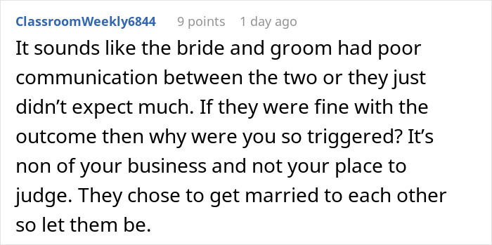 Reddit comment criticizing communication issues causing disappointment and anger at a Halloween wedding event.