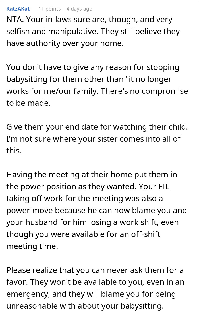 Reddit comment discussing parents taking guilt-tripping to another level after daughter-in-law refuses cheap babysitting.