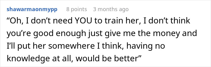 Text post showing a woman upset her friend won&rsquo;t give her cash but offers a favor instead in an online discussion.