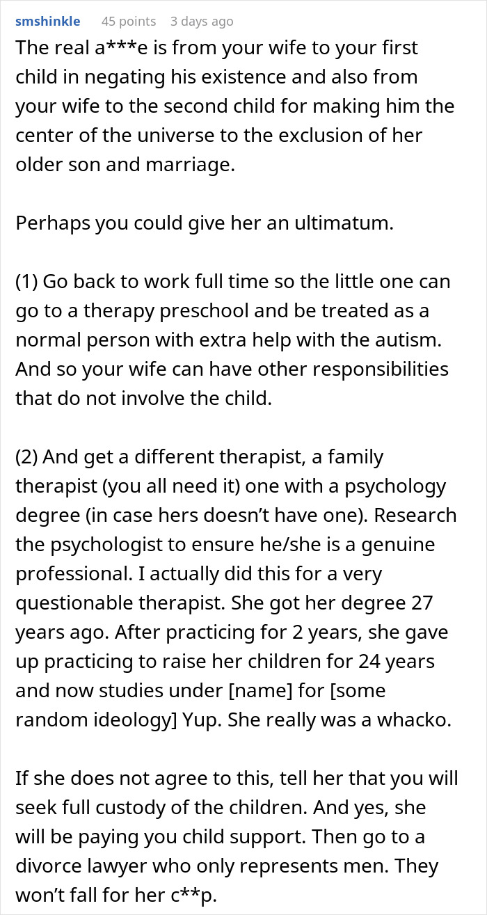 Comment on a family therapy dispute discussing wife, therapist, and custody related to AITAH for telling wife to marry her therapist.