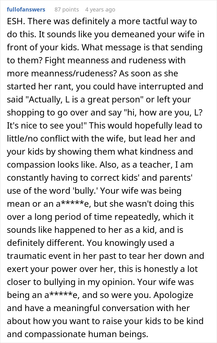 Reddit comment discussing husband calling wife a bully and the impact of bullying on her life and parenting approach.