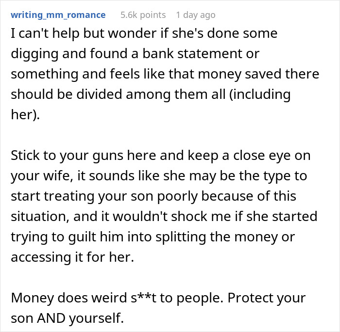 Comment discussing wife throwing tantrum over stepson's inheritance, warning about family money conflicts and protecting son.