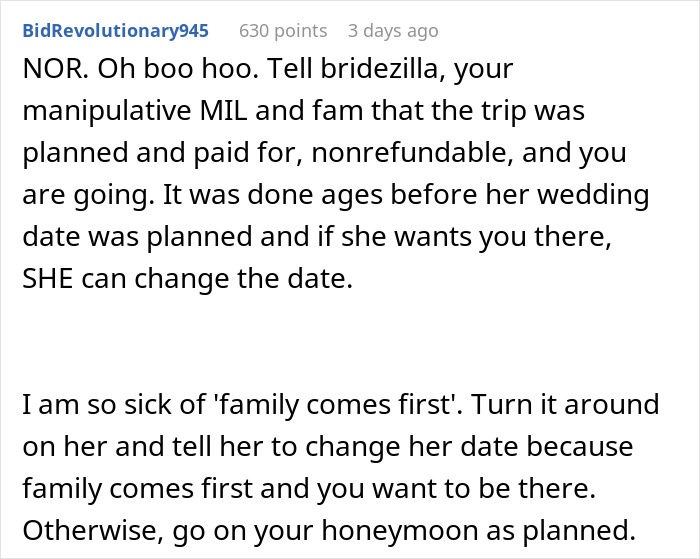 Comment discussing a selfish sister-in-law trying to ruin a couple&rsquo;s honeymoon with a surprise wedding and advice to proceed anyway.