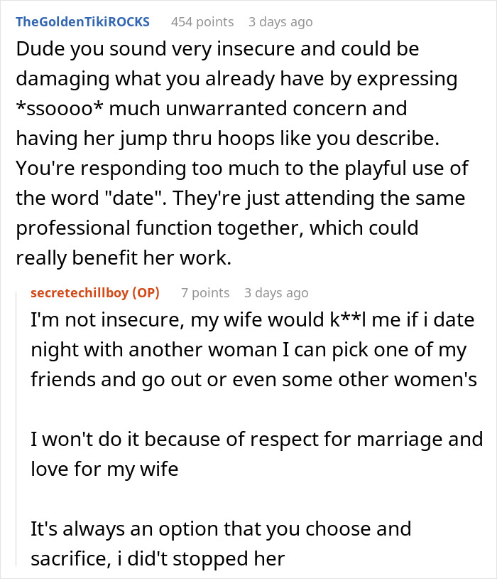 Online discussion about a woman attending a gala as a client&rsquo;s date, causing her husband to question trust and boundaries.
