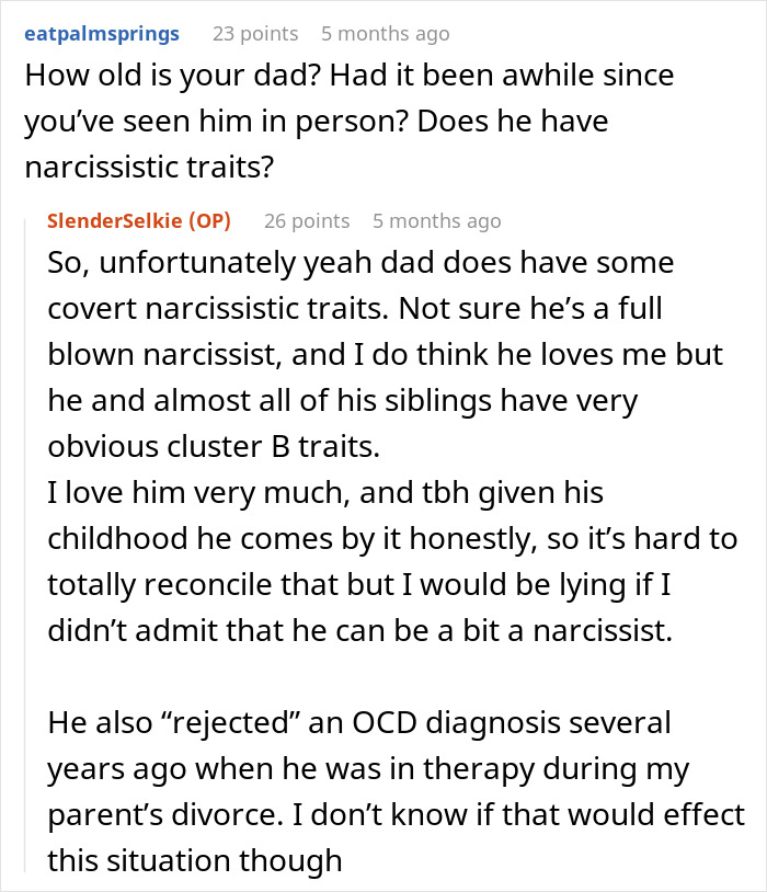 Text conversation showing a daughter discussing her dad&rsquo;s covert narcissistic traits and family cluster B behaviors.