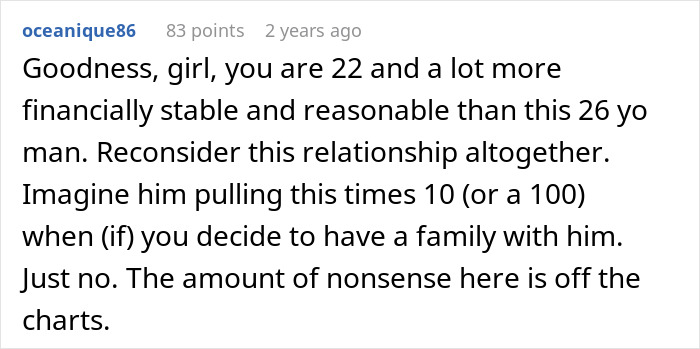 Comment criticizing a man with $5K debt who asks his girlfriend to take a loan for a $1.5K Spiderman costume purchase.