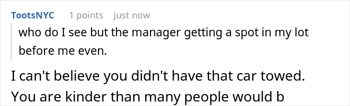Comment discussing a daycare manager towing a guy&rsquo;s car and parking lot chaos unfolding afterward.